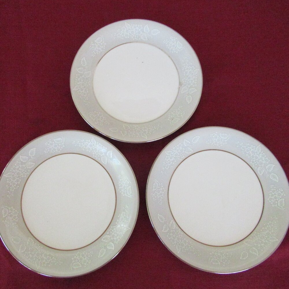 Noritake Sabrina 5590 set of 3 dessert dishes  white gray trim floral